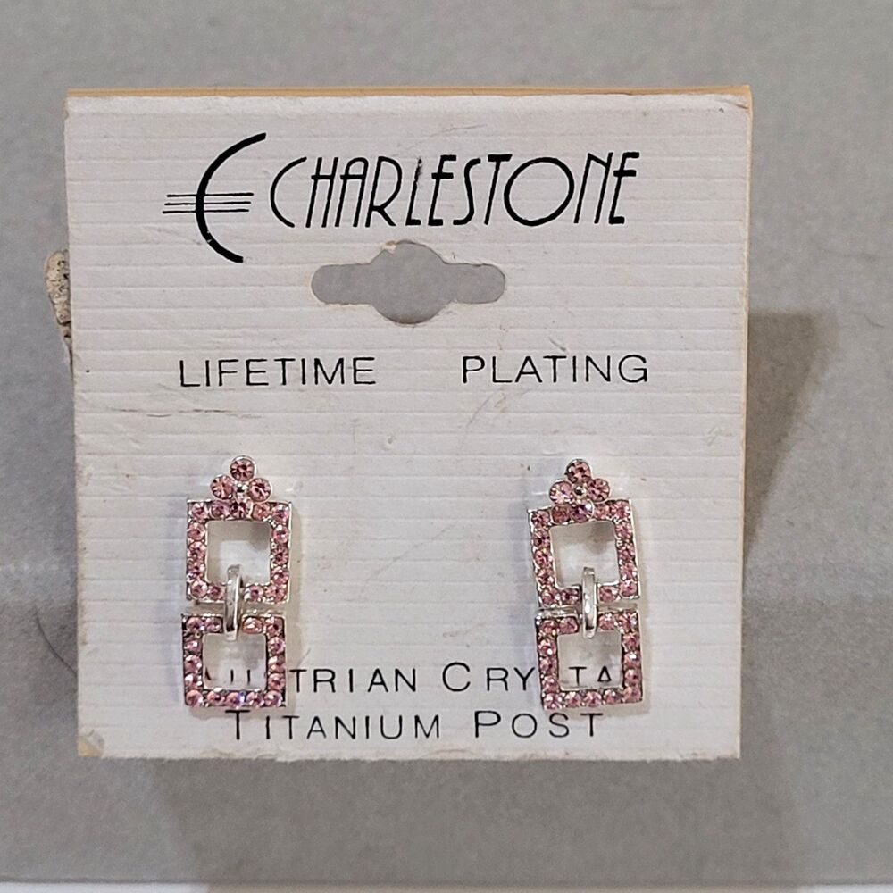 Vintage Charlestone Silver Tone Pink Austrian Crystal Titanium Post Earrings
